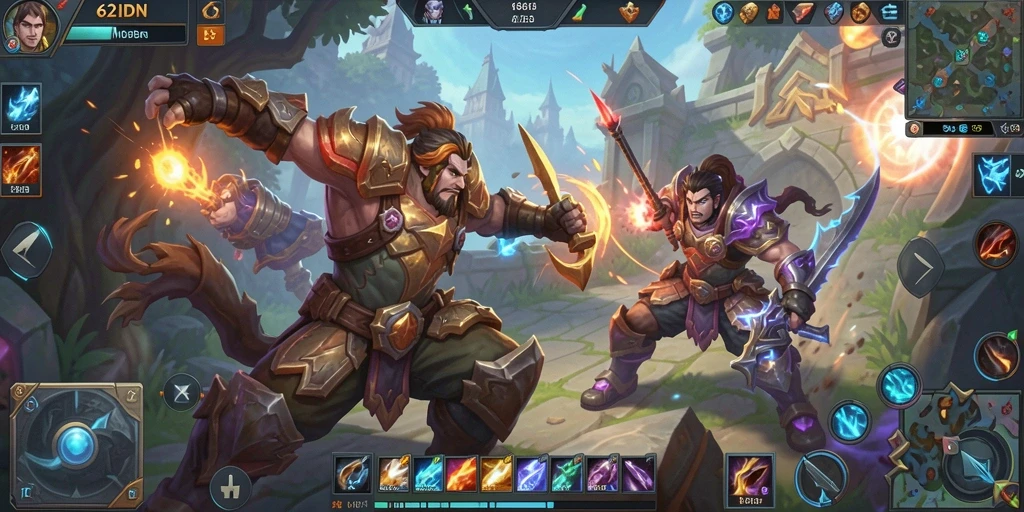 Screenshot gameplay <strong>62IDN</strong> menampilkan pertarungan seru antar pahlawan di arena.