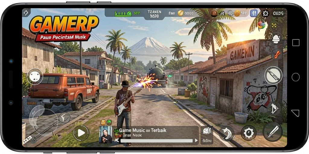 Screenshot GAMERP menampilkan gameplay seru dan interaktif dengan musik.