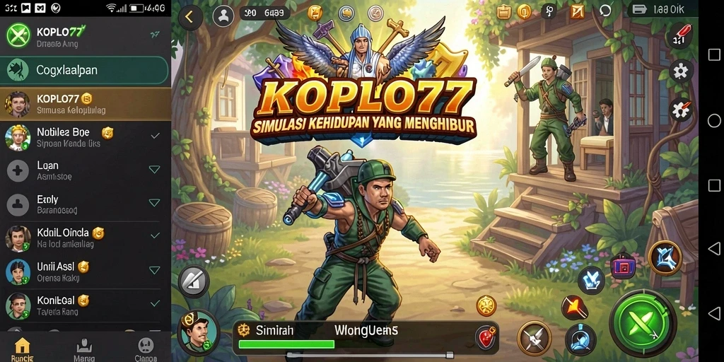 Tampilan gameplay KOPLO77 dengan karakter yang berinteraksi.