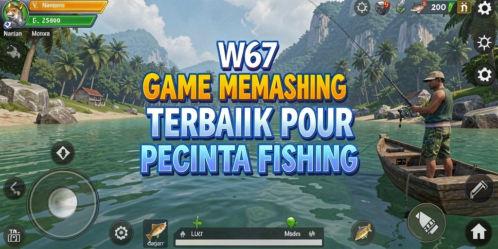 Tampilan gameplay W67 dengan berbagai aktivitas memancing yang menakjubkan.