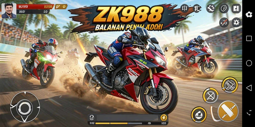 Screenshot gameplay ZK988 menampilkan balapan motor mendebarkan.